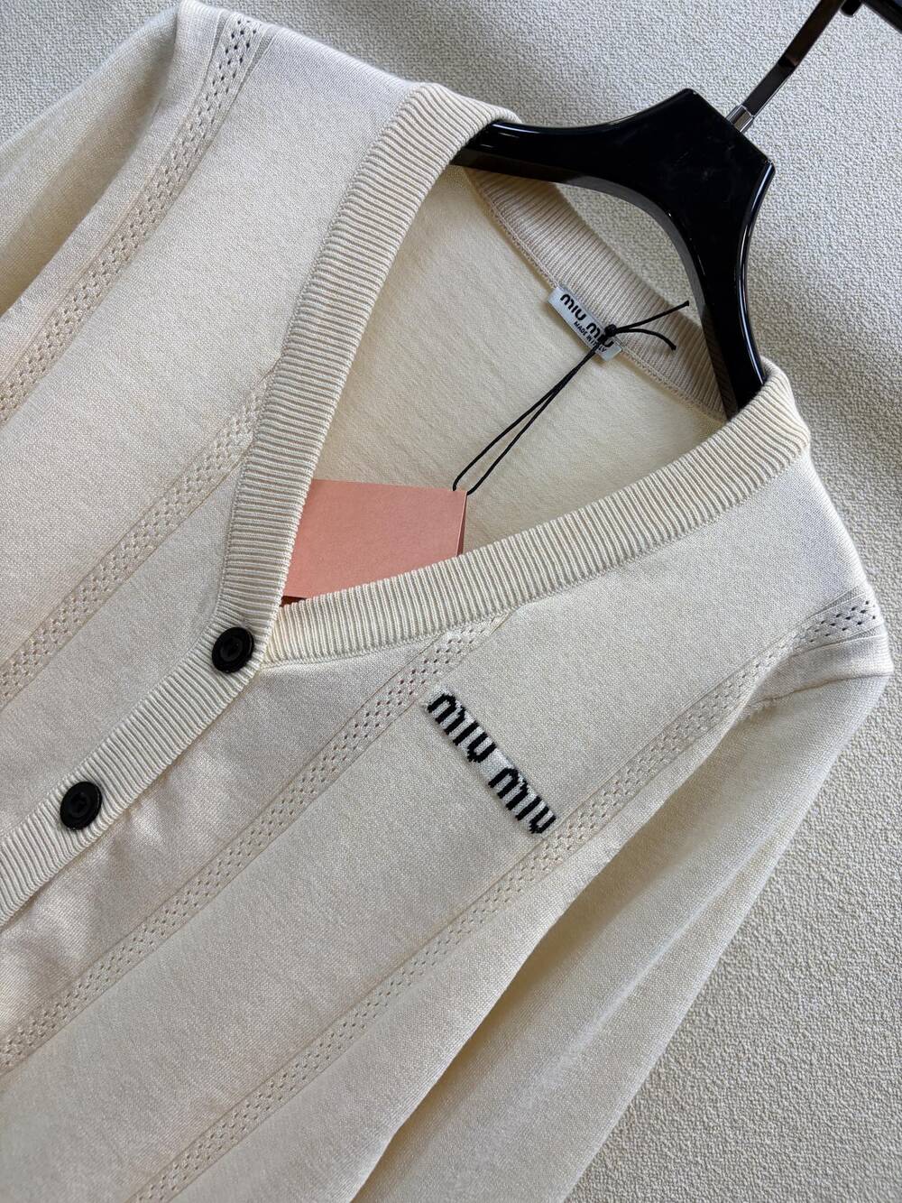 Miu Miu Cream V Neck Logo Knit Cardigan - Picture 2 of 5